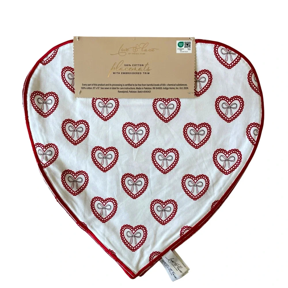 8pc Valentine Heart Placemat & Napkin Set 15in Cotton Pink Red White Love XO NEW